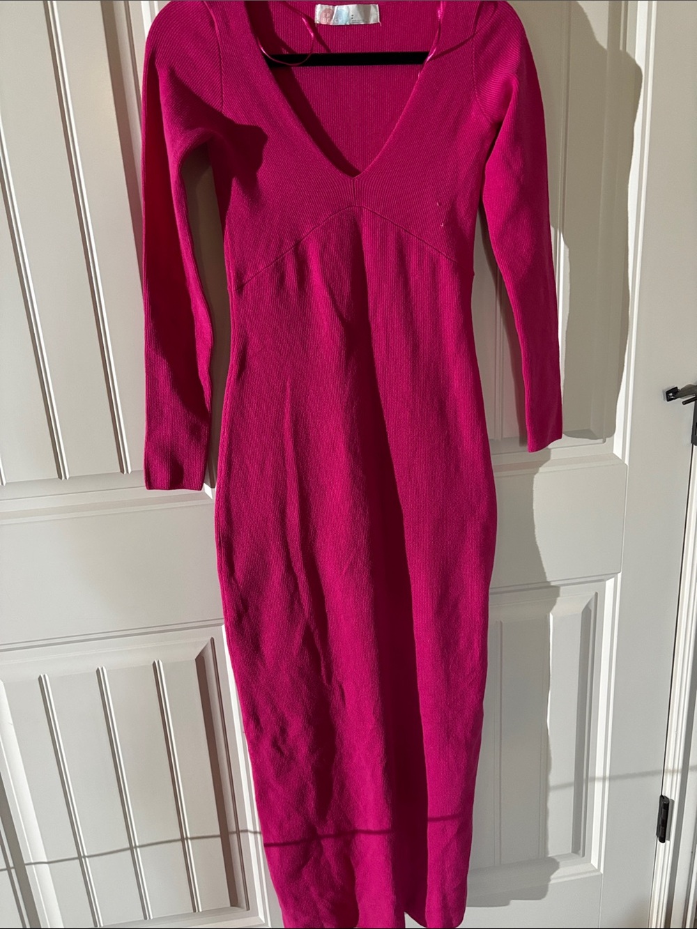 Long-Sleeve V-Neck Midi Dress in Hot Pink